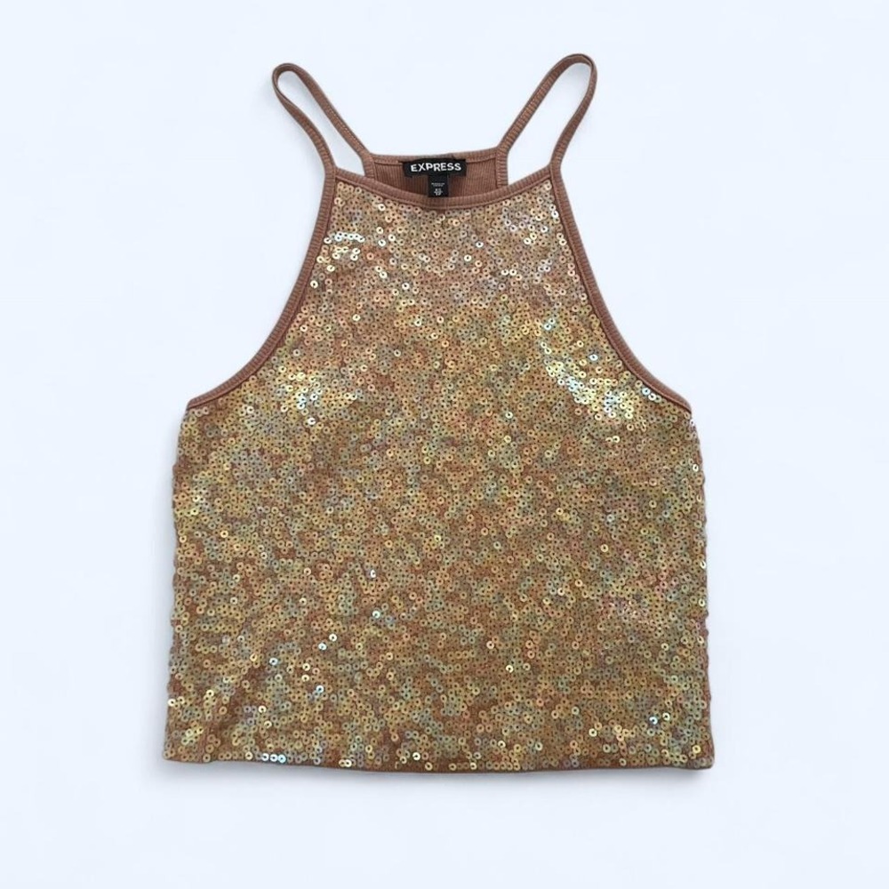 Gold tan sequin cropped cotton tank top‎ size XS by Express